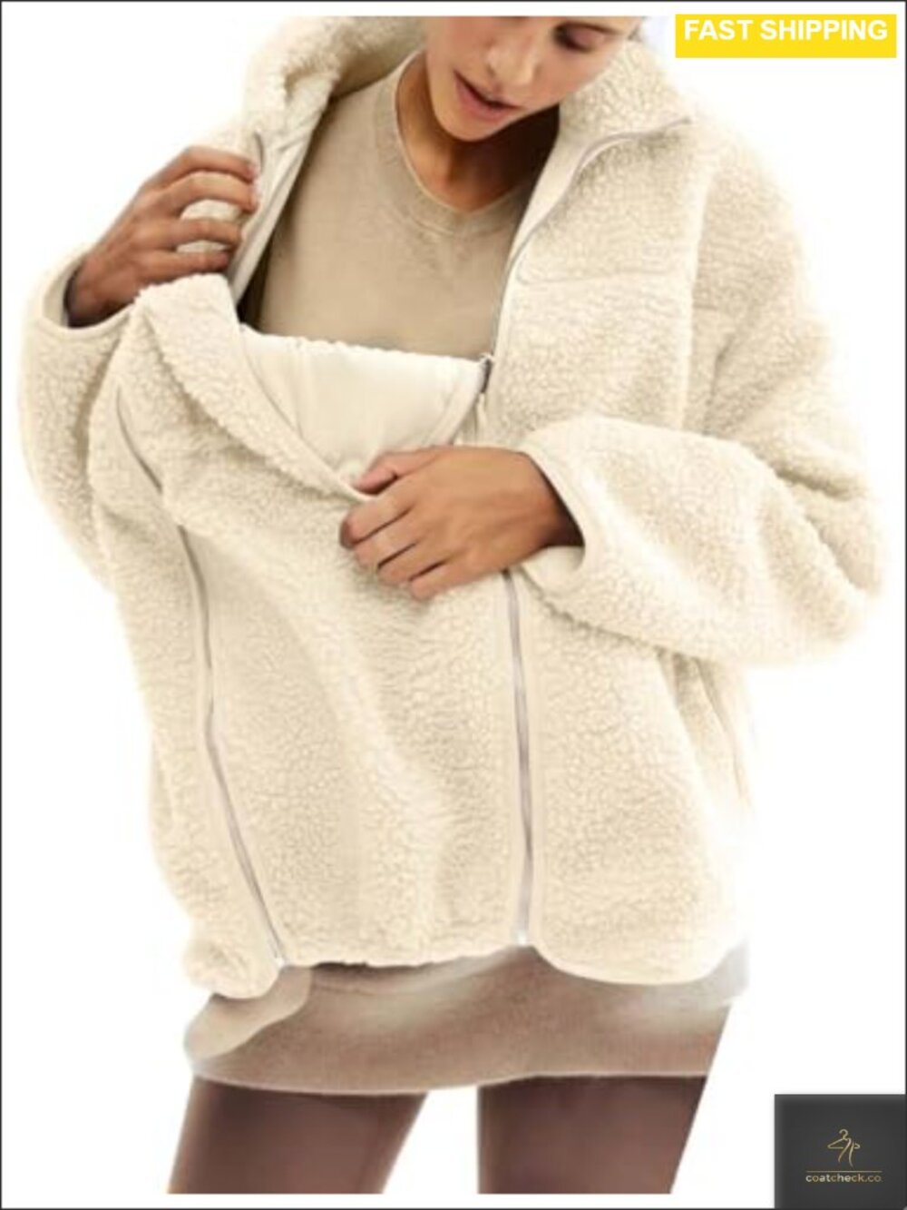 Maternity Winter Coat Fleece Sherpa Jacket Zip Up Loose Fit Pregnancy